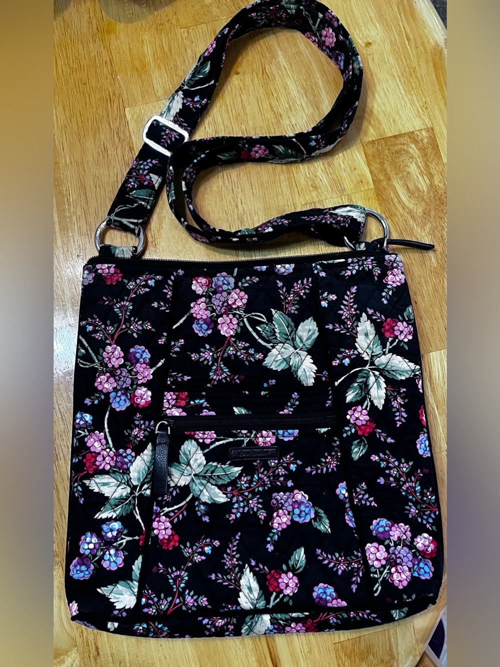 Vera Bradley Vines Black Floral Hipster Crossbody with Purple and Pink Blooms